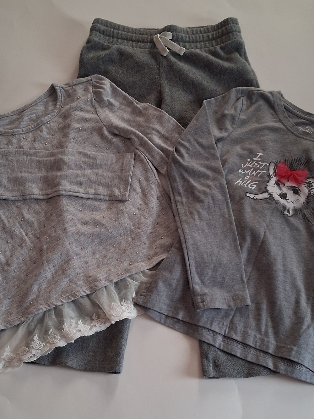 Faded Glory Girls' Gray Long Sleeve Top Set with Embellished Lace & Graphic